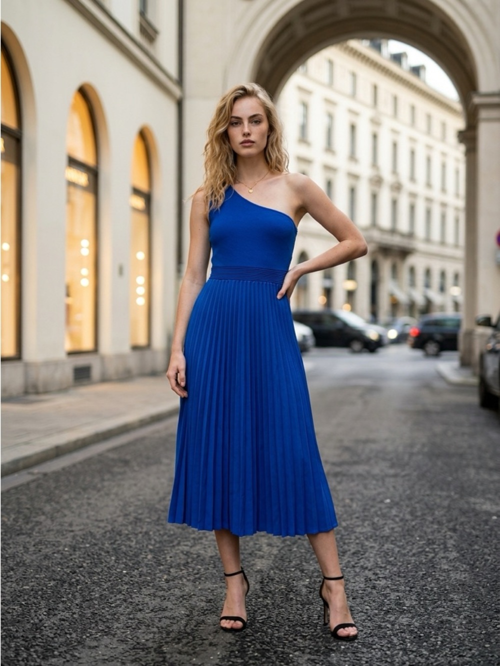 Ted Baker One-Shoulder Pleated Midi Dress in Cobalt Blue